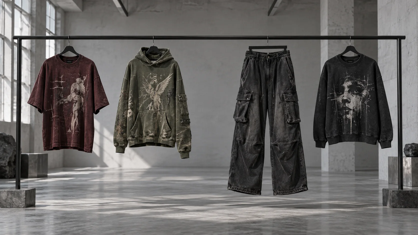 ANDAZZ graphic oversized tee, hoodie, cargo pants and sweatshirt hanging on a rail