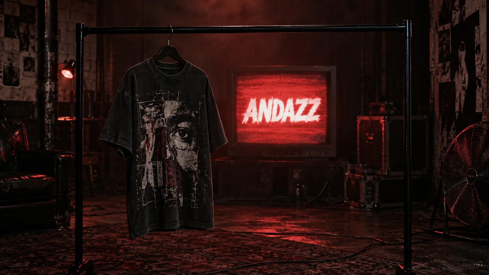 An oversized ANDAZZ T-shirt hanging in front of a retro television displaying ANDAZZ