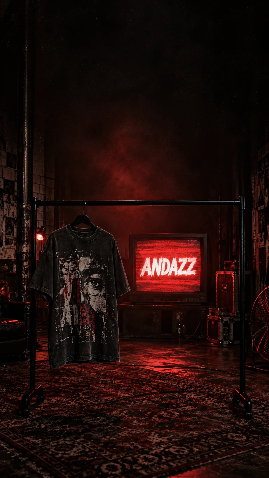 An oversized ANDAZZ T-shirt hanging beside a retro television displaying ANDAZZ