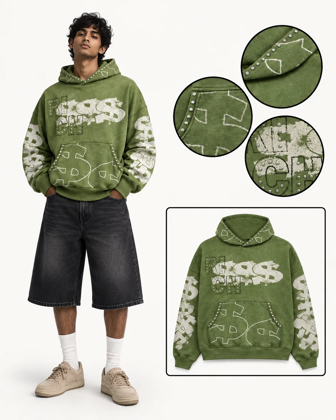 Olive Chaos hoodie design board with model, close-up details and product preview