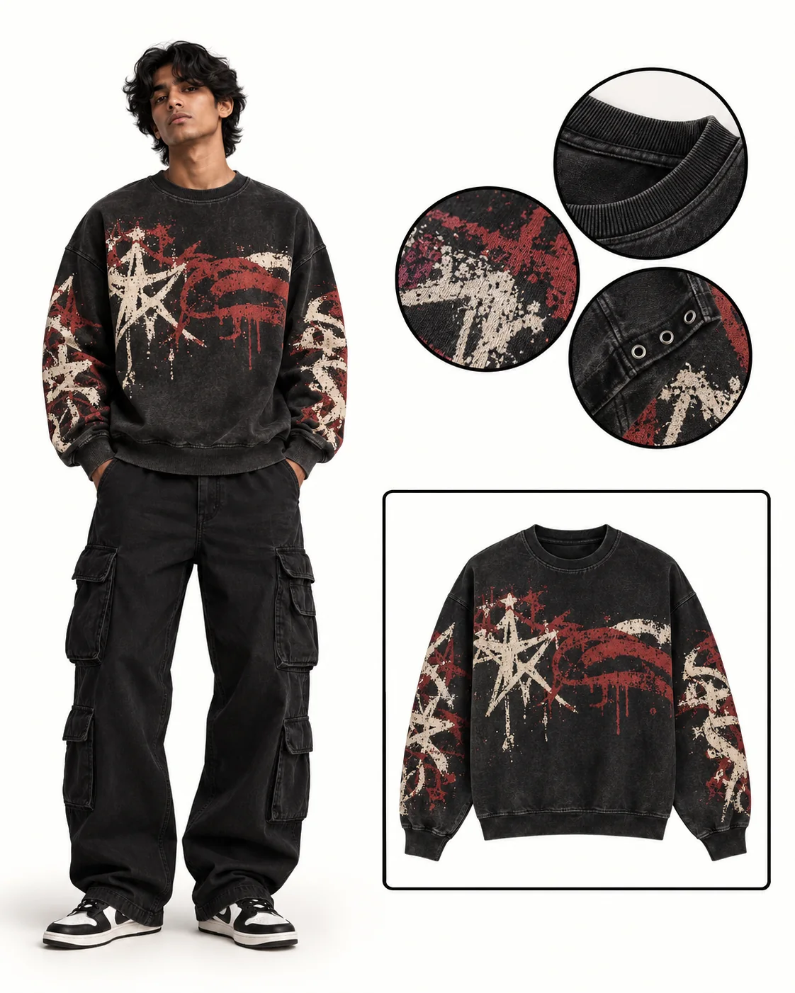 Noir Signal sweatshirt design board with model, close-up details and product preview