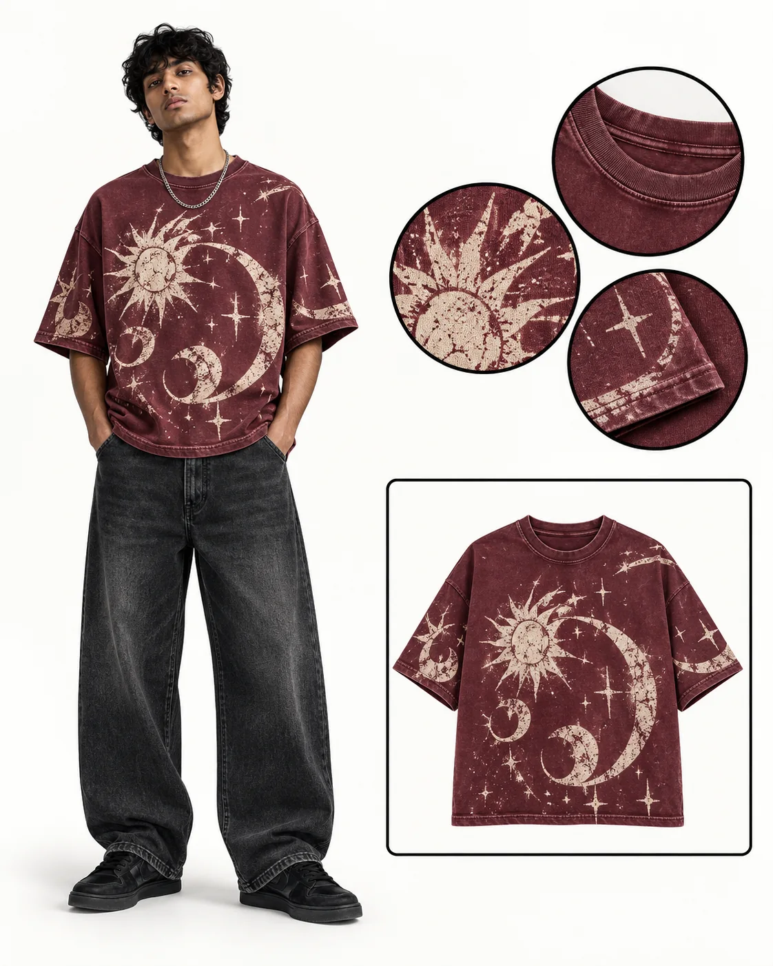Afterdark oversized T-shirt design board with model, close-up details and product preview